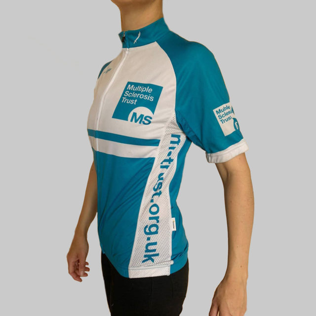 Unisex MS Trust blue cycle t-shirt - side - female model
