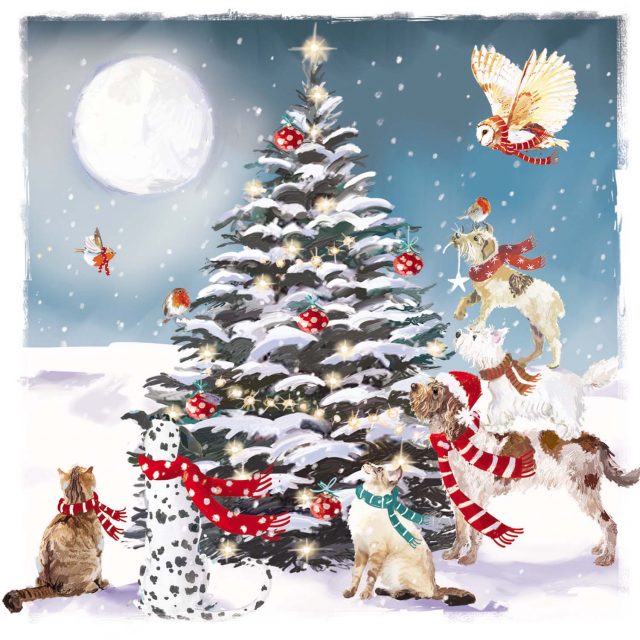 Dogs, cats and birds gathered around Christmas tree charity Christmas card