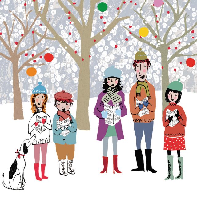 Illustration of choir singing in the snow surrounded by colourful trees