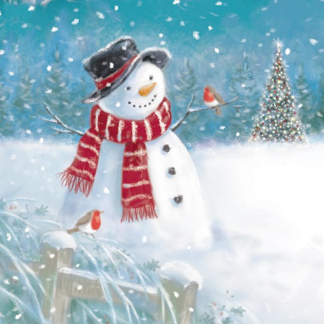 Snowman wearing a scarf with a robin resting on one of his branch arms